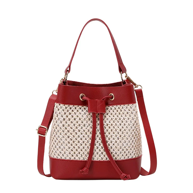 

2022 New Summer Women's Cloth Leather Canvas Tote Handbags Handmade Crochet Straw Woven One Shoulder Bucket Lolita Storage Bags