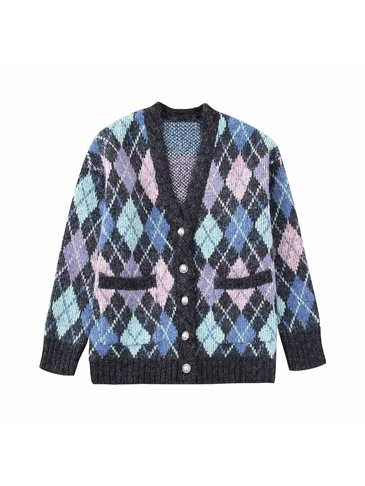 

PB&ZA 3920119 Women 2022 New Fashion Jewelry buttons diamond check Knitted Cardigan Vintage Female Outerwear Chic Tops 3920/119