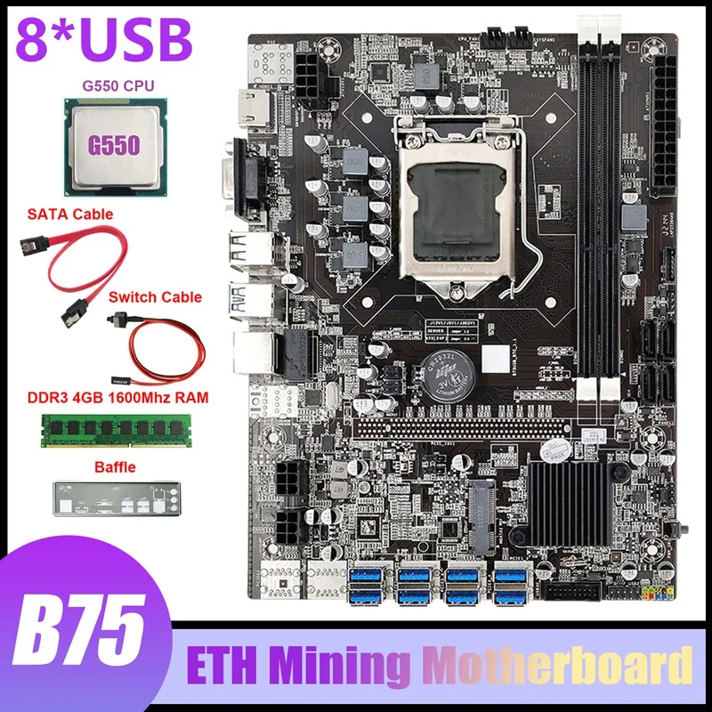 

B75 8USB ETH Mining Motherboard+G550 CPU+DDR3 4GB 1600Mhz RAM+Switch Cable+SATA Cable+Baffle B75 BTC Miner Motherboard