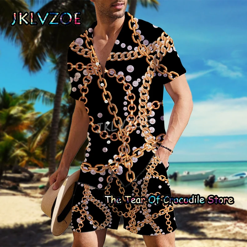 Luxurious Men Shirt Set Fashion Brand Short Sleeve Casual Print Design Turn-down Buttoned Top Quality Summer Tee 2 Piece Clothes