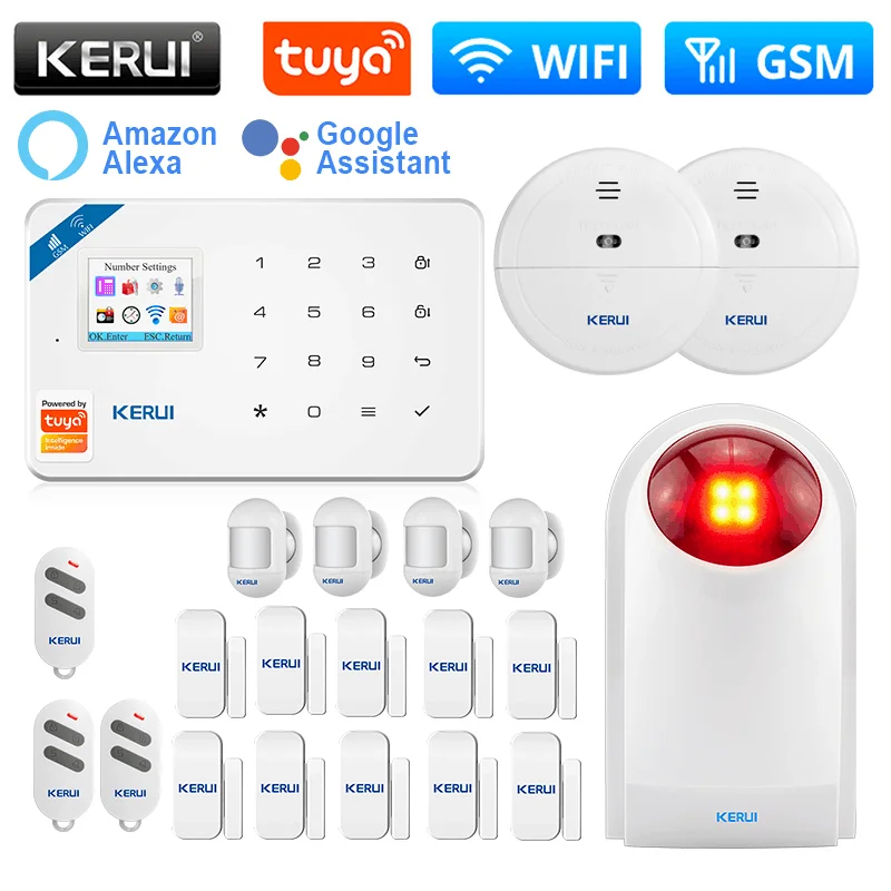 KERUI W181 Home Alarm System WIFI GSM Alarm Support Alexa Tuya Smart Motion Sensor Door Sensor Detector Siren IP Camera