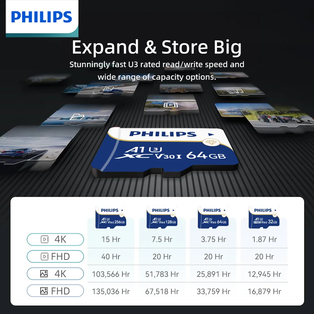 Карта Памяти Philips TF Micro SD U3 C10 A1 Высокоскоростная Для Мобильных Телефонов