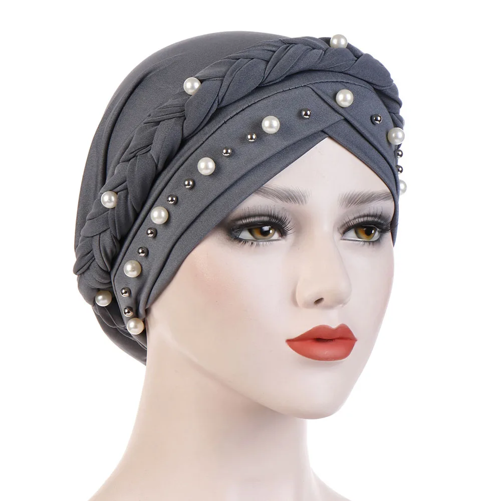 

Muslim Women Hijab Cap Monochrome Single Braid Bonnet Studded White Turban Headbands Cap Islam Turkish Pearl Decoration Hat
