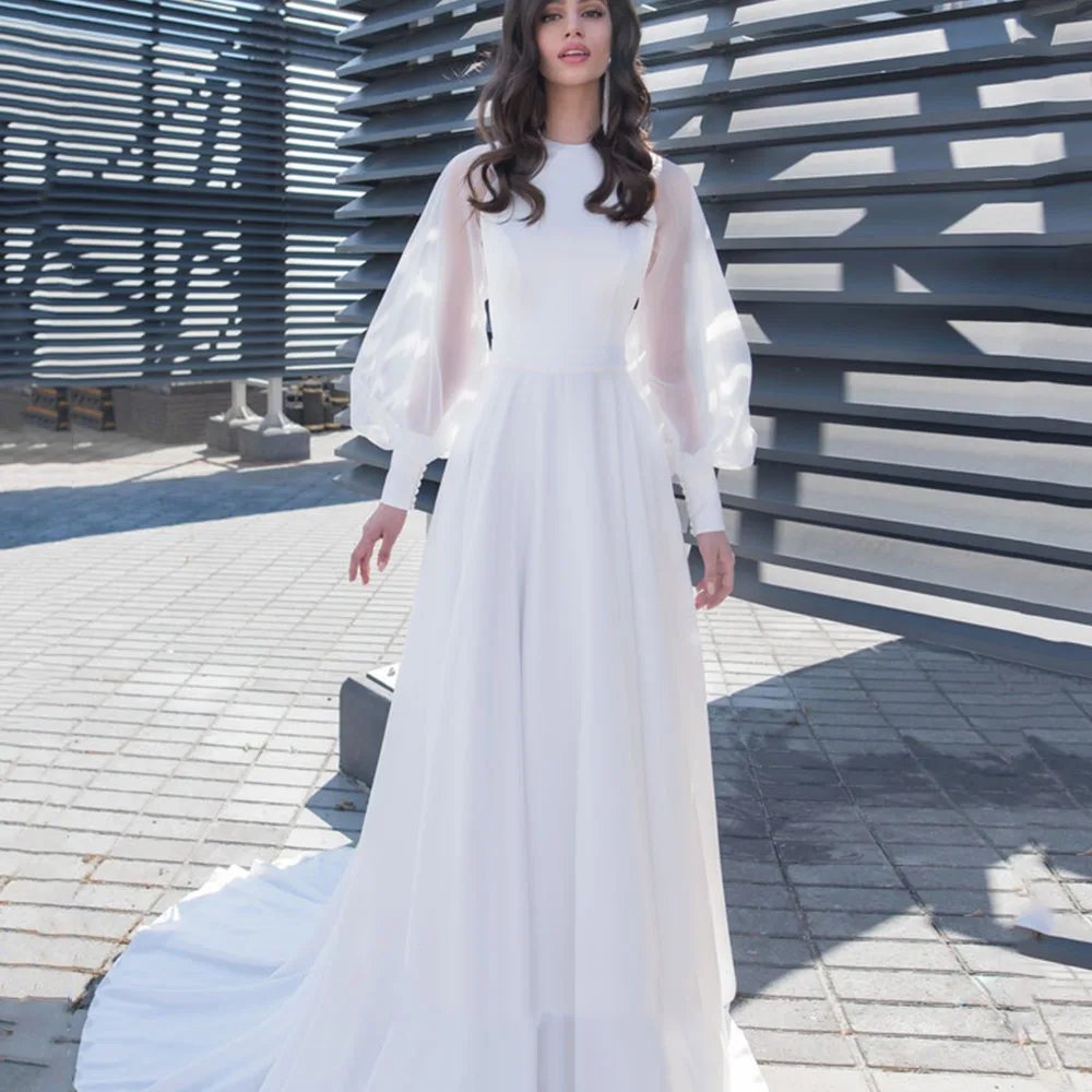 

Simple Wedding Dresses For Women O-Neck Zipper Back Long Puff Sleeves Bride Gowns A-Line Jersey Sweep Train Vestido De Noiva