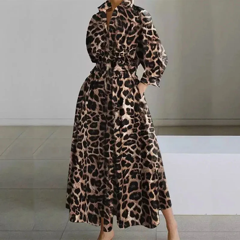 

Spring Women Lapel Waist Pocket Pleated Maxi Dress Casual Commuter A-Line Dresses Vintage Leopard Print Long Sleeved Shirt Dress