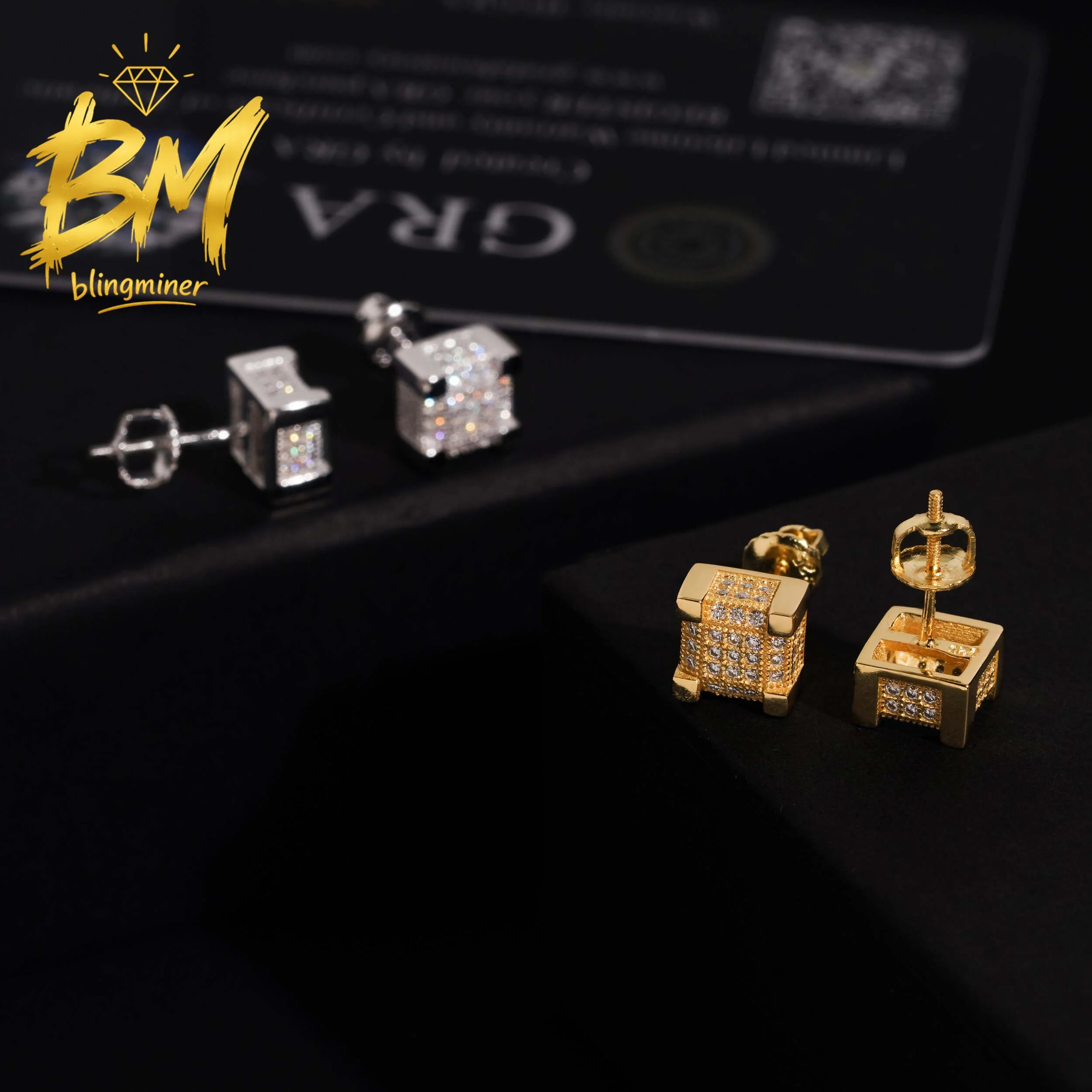 Фото Серьги-гвоздики Blingminer Iced Out Square 8MM из серебра S925 с муассанитом VVS для мужчин и женщин, ювелирные изделия, проходят проверку на подлинность бриллиантов, сертификат GRA. №1
