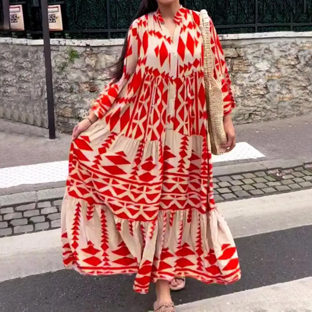 

Элегантная Летняя женская длинная юбка с V-образным вырезом, пляжная юбка с геометрическим принтом в стиле ретро, богемная свободная длинная юбка-рубашка