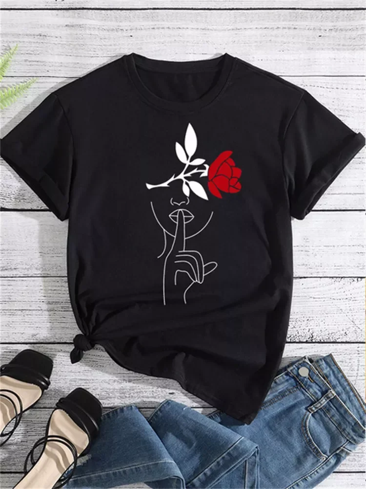 

Simple Line Art Face Rose T Shirt Women Tops Summer Loose Short Sleeve Casual T Shirt Vintage Harajuku Tshirt Streetwear