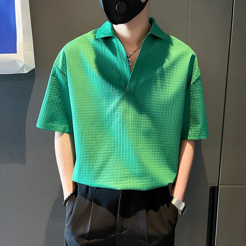 2022 Solid Color Pullover Shirts for Men Summer Short Sleeve Loose Casual Shirt Streetwear Social Party Tops Camisas Para Hombre