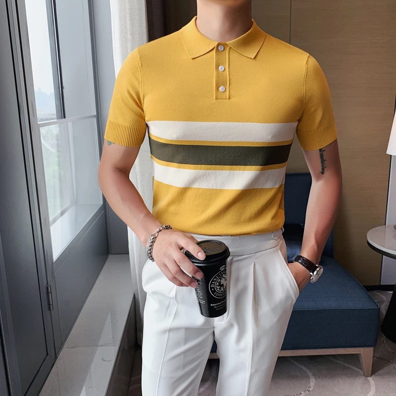 

British Style Summer Wide Stripes Short Sleeve Knitted Polo Shirts For Men Clothing 2022 Turn Down Collar Breathable Tops&Tees