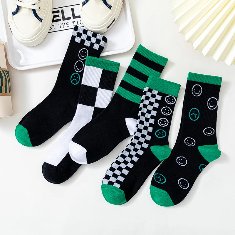 Зеленые клетчатые мужские носки женские спортивные хлопковые с улыбающимся