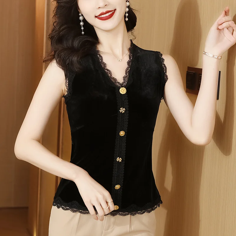 

#1292 Black Lace V-neck Short Velvet Tank Tops Tee Women Buttons Sexy Office Tank Top Hollow Out Tight Tops Sleeveless Summer