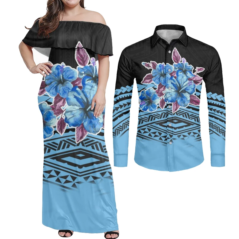 

HYCOOL, полинезийский Племенной принт, одежда для медового месяца для пар, сексуальное облегающее синее длинное платье с открытыми плечами в г...