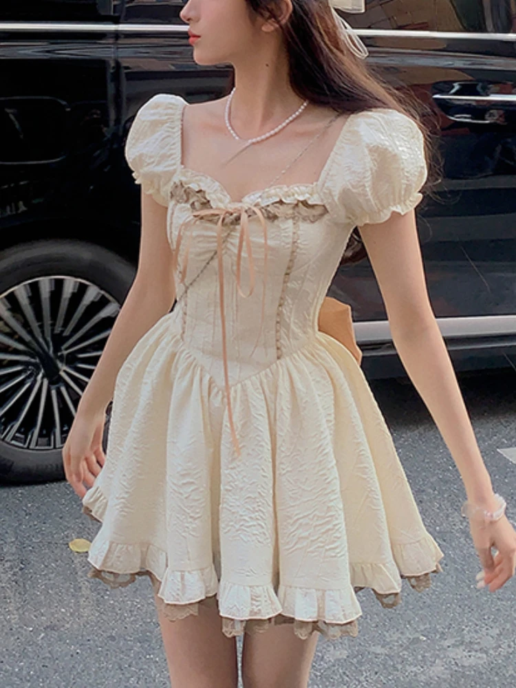 

Женское винтажное мини-платье на завязках, элегантное модное платье в Корейском стиле с рукавами-фонариками и оборками, милое платье принцессы, Новинка лета 2023