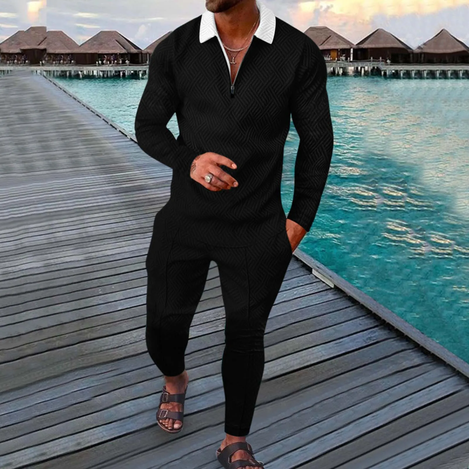 

Men's Sets Casual Splice Striped Print Two Piece Suit Zipper Turn Down Collar Long Sleeve Top Drawstring Pocket Pants Set Male 4