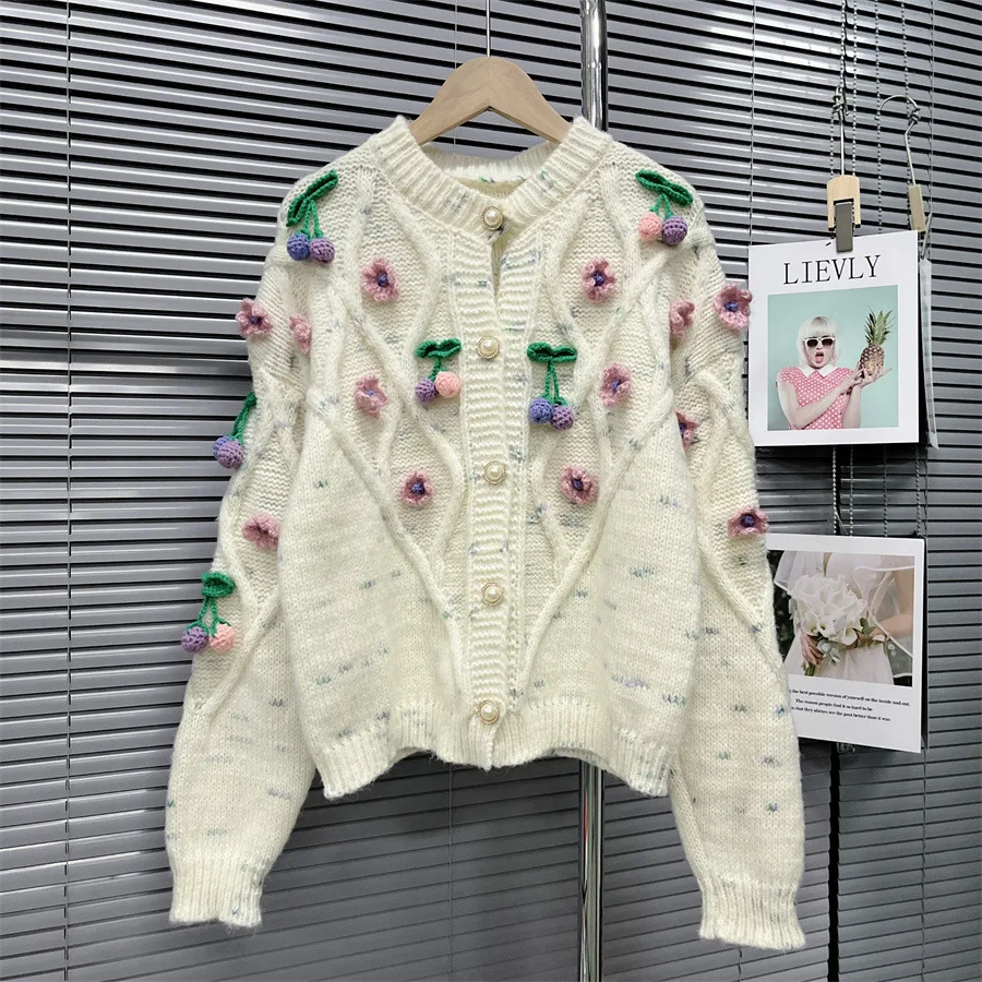 

Design cardigan Sweater Women White cardigan with Sweet Little Cherry Flower appliques sweaters for women Chic Knitted Sweater