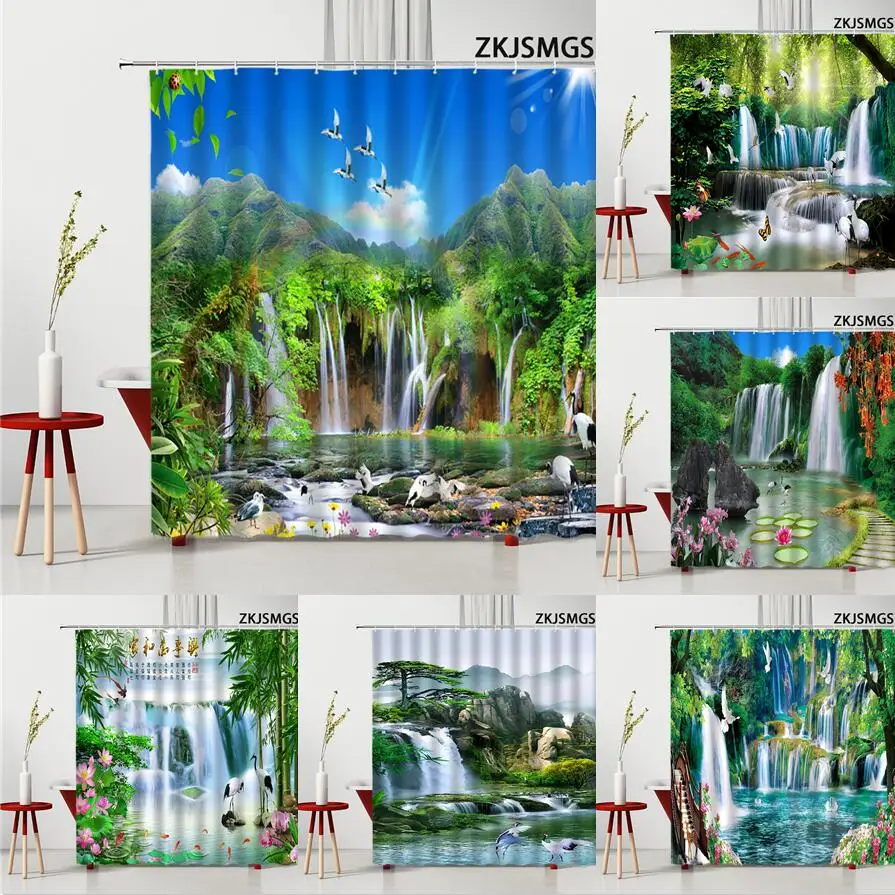 

Занавеска для душа с природным пейзажем, комплект из водонепроницаемой ткани из полиэстера, весенний Ландшафтный Декор водопада, s