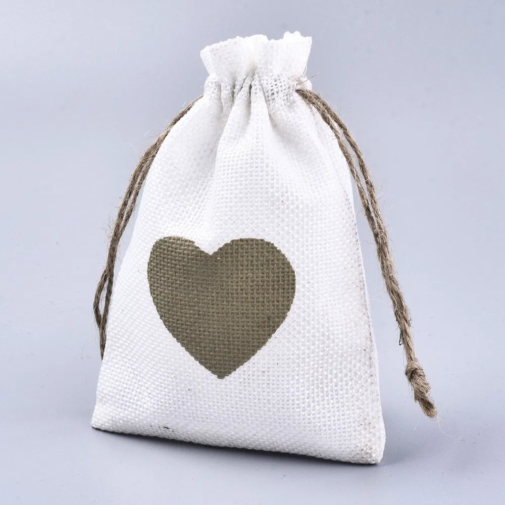 100pcs 14x10cm Burlap Gift Packing Pouches Drawstring Bags with Heart Pattern For Candy Present Jewelry Wrapping Pouches images - 6