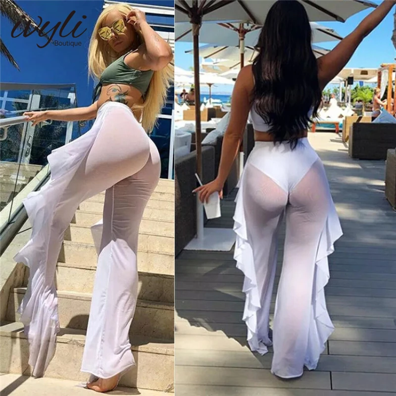 Summer Sexy Ruffled Women's Beach Blouse Mesh Transparent Wide Leg Pants Casual Holiday Bikini Trousers Brazilian Swimwear