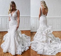 stunning mermaid lace v neck backless wedding dresses straps backless white wedding gowns ruched court train