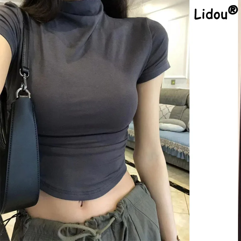 

Spicy Girl Short Sleeve T-shirt Women's Summer Solid Half High Neck Design with Irregular Fit Short Open Bellybutton Top