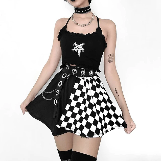 

Punk Skirt Gothic Plaid A Line Mini Skirts Harajuku Streetwear Sexy Patchwork Skirt E Girl Grunge Y2K Club Wear Black Skirt
