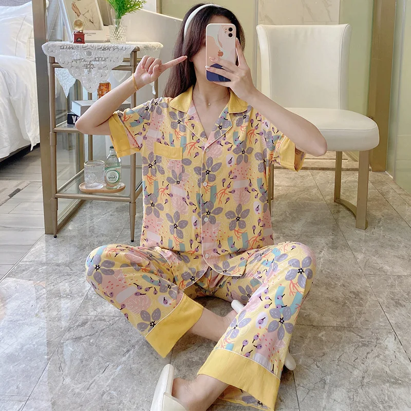 

Fdfklak Women Sleepwear Summer Pajama Set Print Floral Turn Down Collar Viscose Short Sleeve Casual Female Pijama Home Wear
