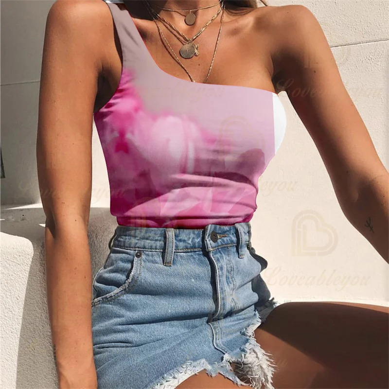 

Free Shipping One-Shoulder 3d Print Geometry Abstract Style Fashion Tie Dye Vest Women’s Top Summer Sexy Sleeveless Tube Top