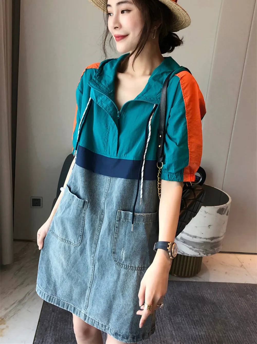 

Fashion Patchwork Denim Dress Women Summer New Loose Short-sleeved Hooded T-shirt Skirt Street Casual Women's Clothing