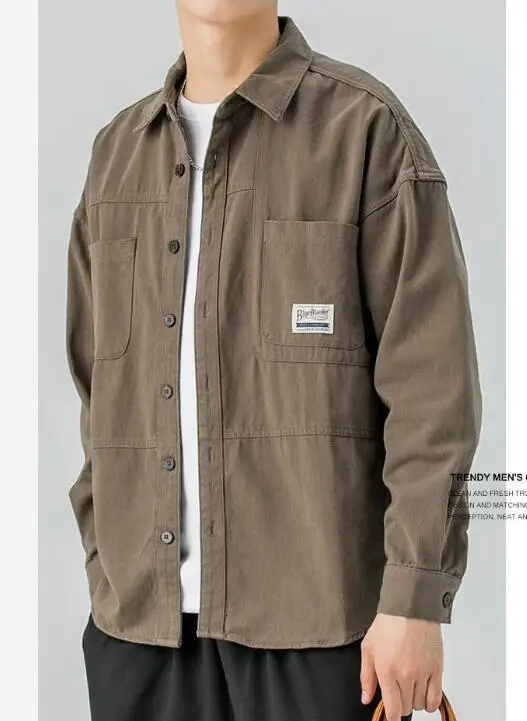 Men Shirt Cargo Shirt Men's Fashion Student Casual Long-Sleeved Shirt Large Pocket Shirts Washed Cotton Workwear