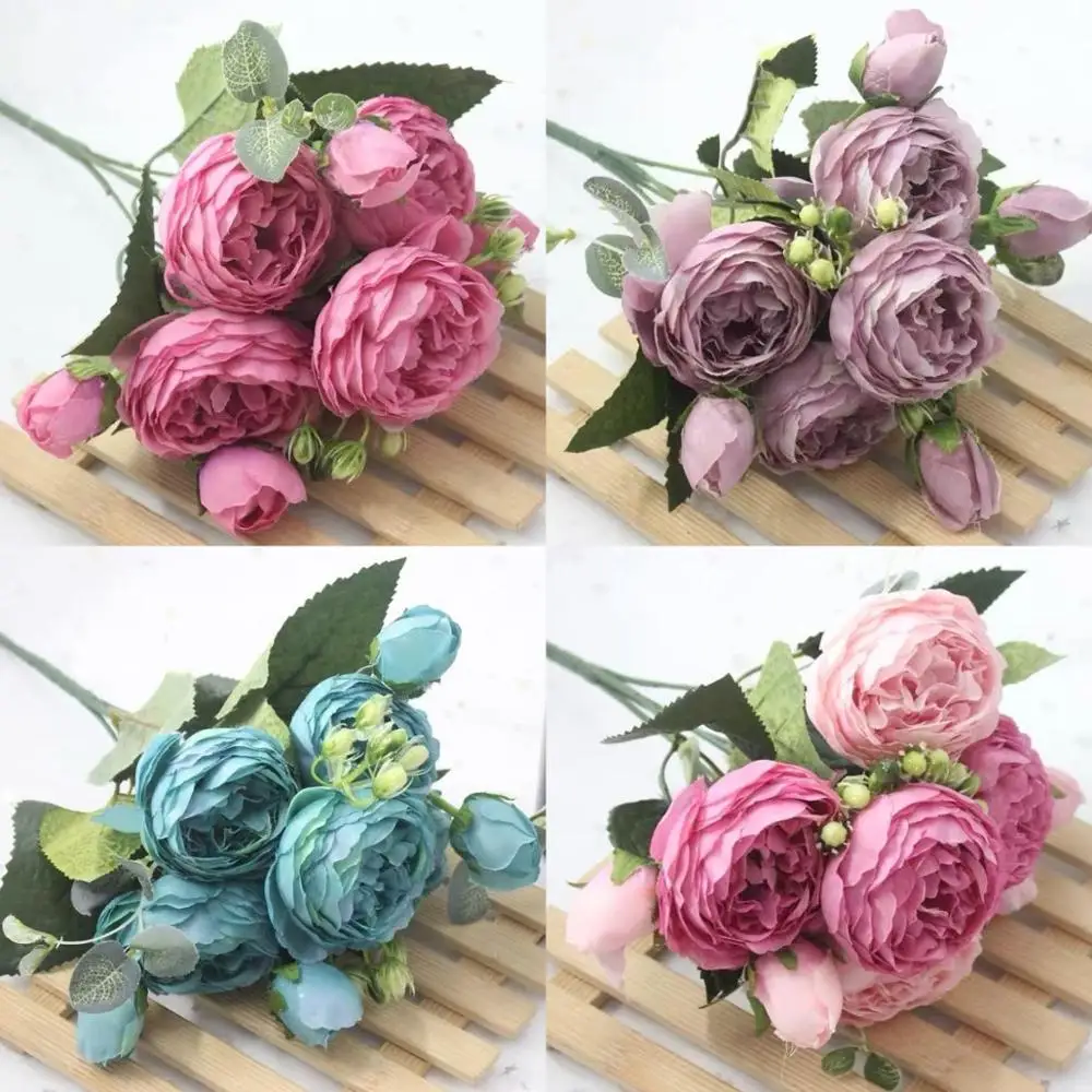 

1 Bouquet 9 heads Artificial Peony Tea Rose Flowers Camellia Silk Fake Flower flores for DIY Home Garden Wedding Decoration