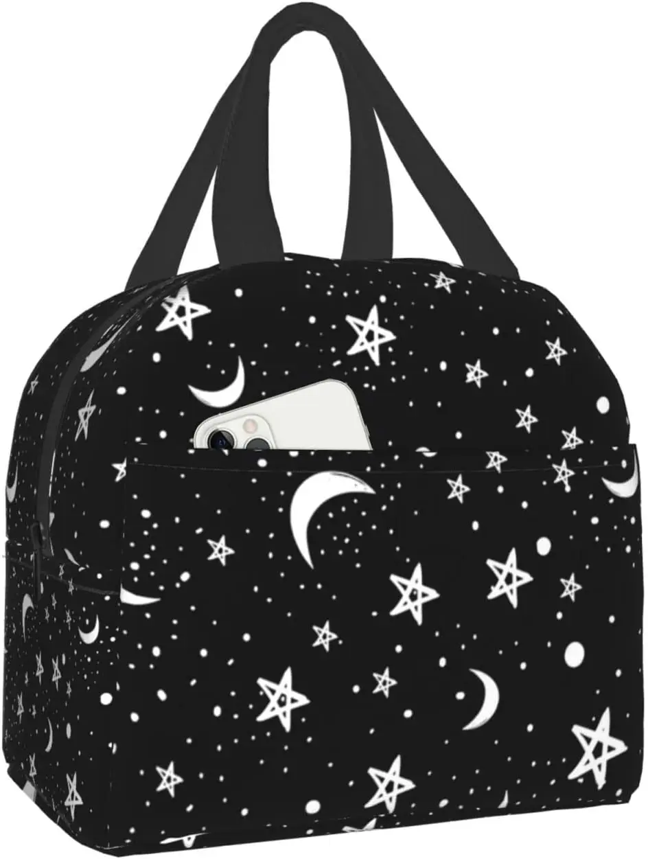 

Black White Moon Stars Pattern Lunch Bags For Women Portable Cooler Tote Bag Large Reusable Insulated Lunch Box For Picnic Work
