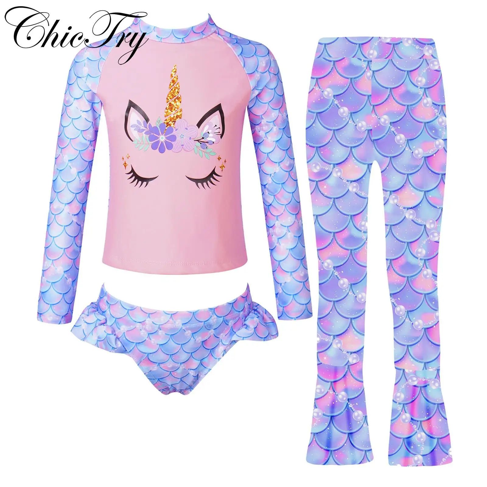 

Kids Girls Mermaid Swimsuit 3pcs Swimwear Beachwear Sets Children's Surfing Bathing Suit Rash Guard Top Briefs Flared Pants Sets