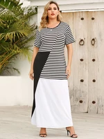 2022 plus size women patchwork stripe fashion dress for street summer o neck short sleeve loose dresses clothing