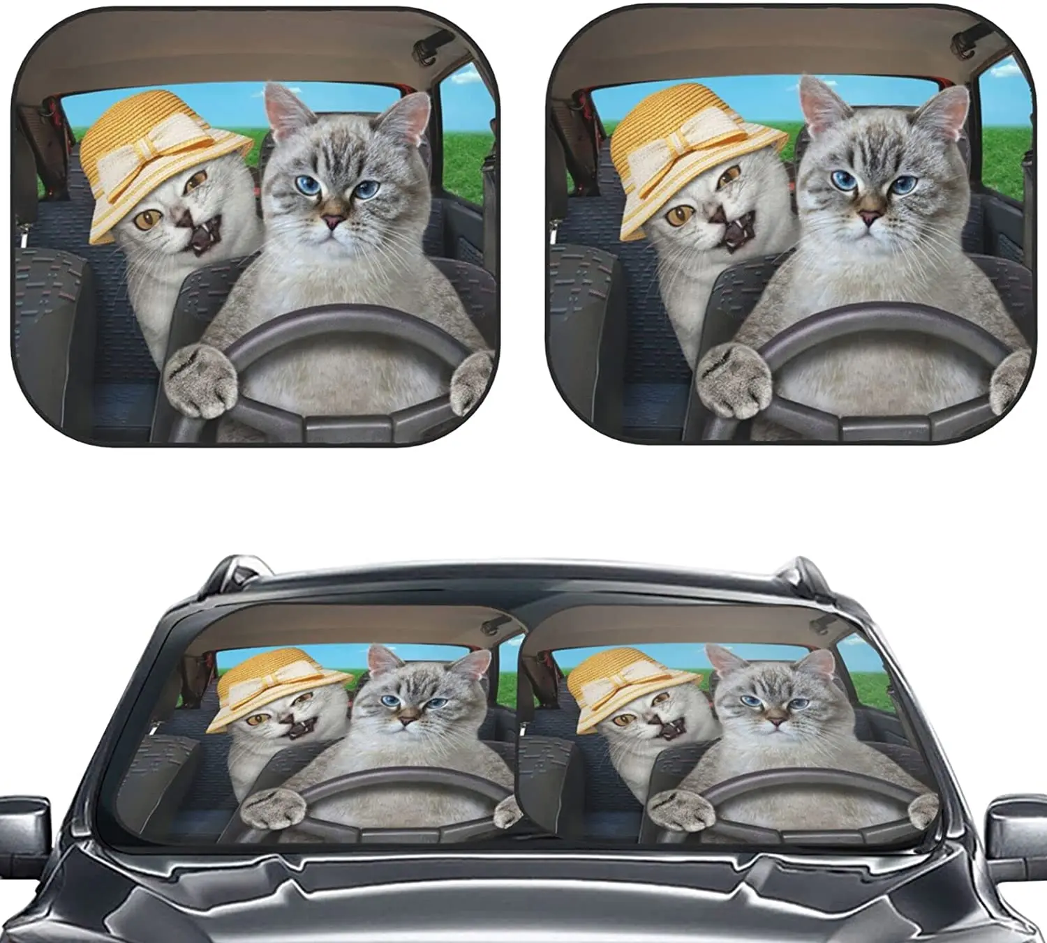 

KiuLoam Funny Cat Driving Car Windshield Sun Shade Auto Foldable 2pcs Window Sunshades for Most Windshield Fodable Sun Visor Pro