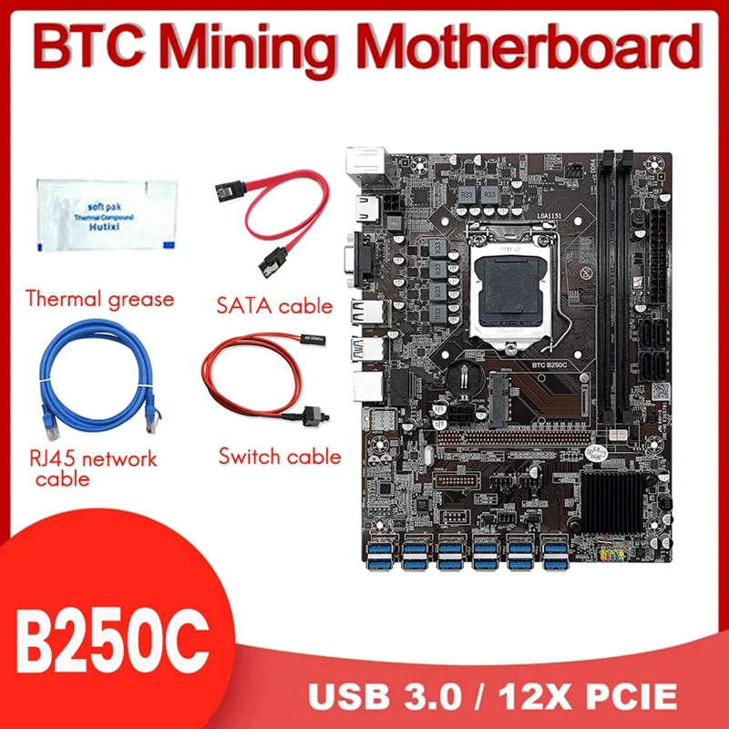

Материнская плата B250C 12 PICEX1 USB BTC с черным слотом DDR4, термальная смазка, кабель переключателя, кабель SATA, сетевой кабель RJ45, 1 комплект