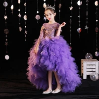 purple puffy flower girls dresses sheer neck long train kids teens pageant gowns sequined tulle birthday party dress