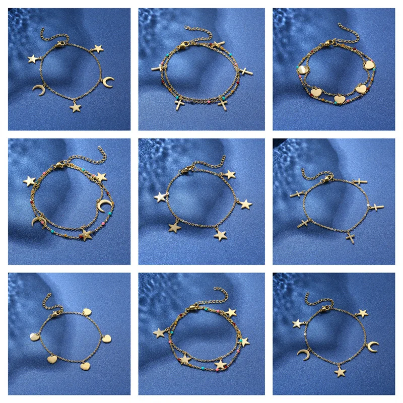 Punk Chain Bracelet for Women Stainless Steel Cross Star Moon Bracelets Double Layer Bracelet Charm Bracelet Jewelry Gifts