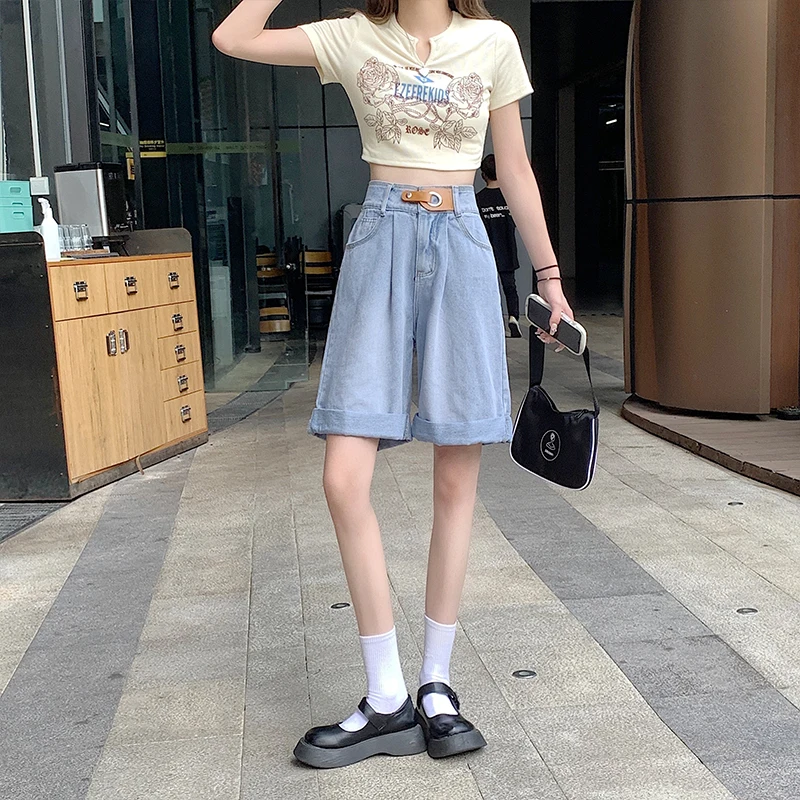 

Женские джинсовые шорты до колен, с широкими штанинами и высокой талией