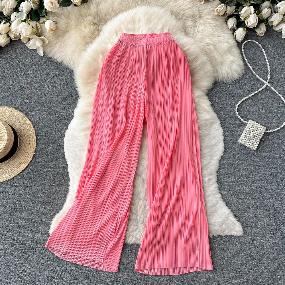 

Solid Color All-match Casual Pants Women's Summer 2022 New Pleated Temperament Large Swing Loose Wide-leg Nine-point Pants