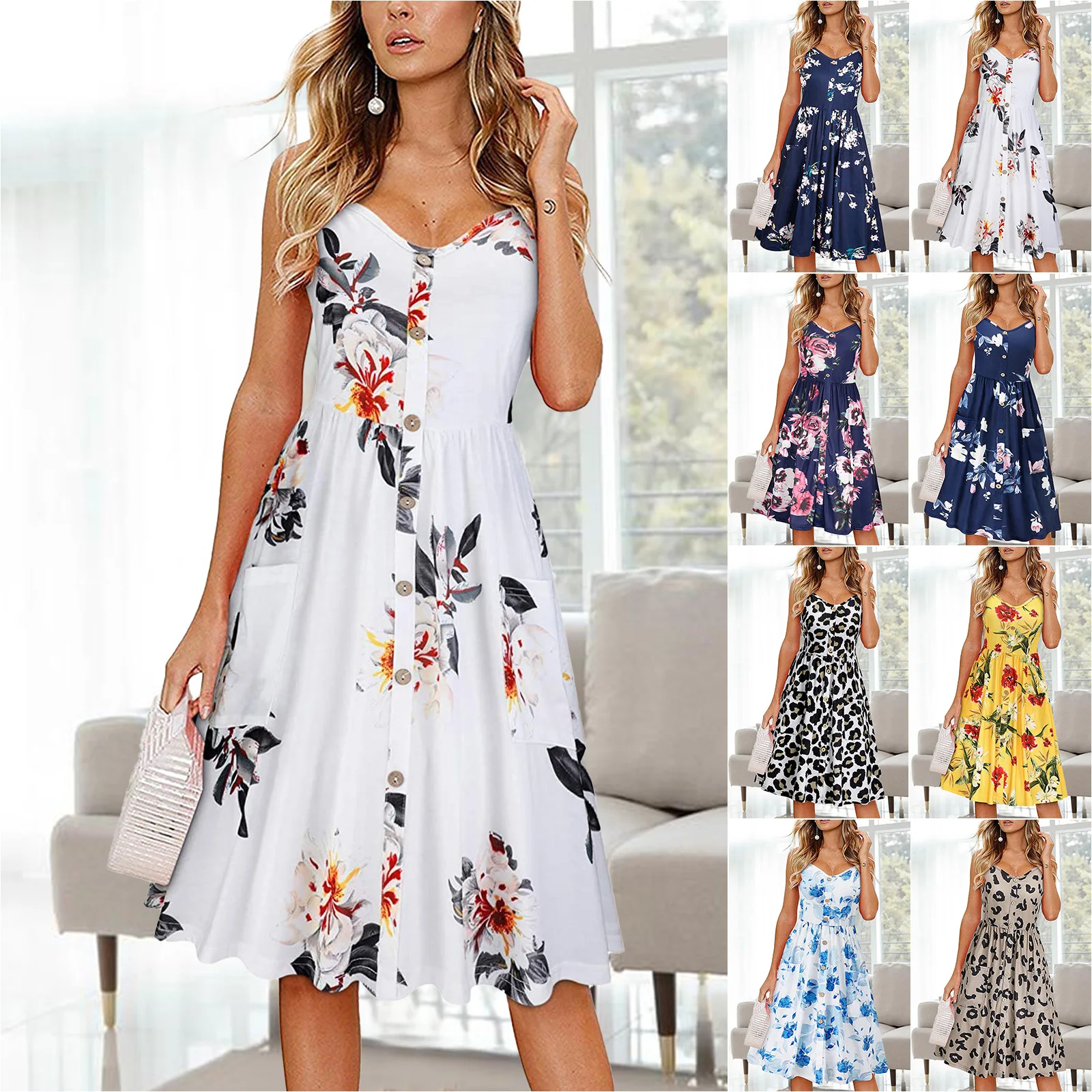 

Summer Fashion Women Loose Strap Camis Elegant Dress Large Big Party Ruffles Sleeve Button Print Dresses