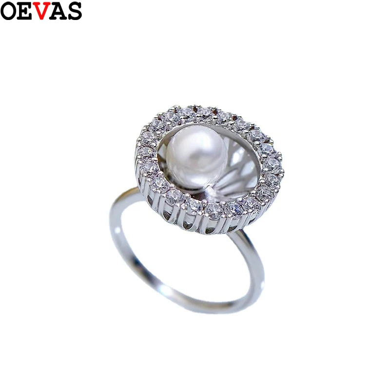 

OEVAS 100% 925 Sterling Silver Pearl Ring High Carbon Diamond Stud Earrings For Women Sparkling Wedding Party Fine Jewelry