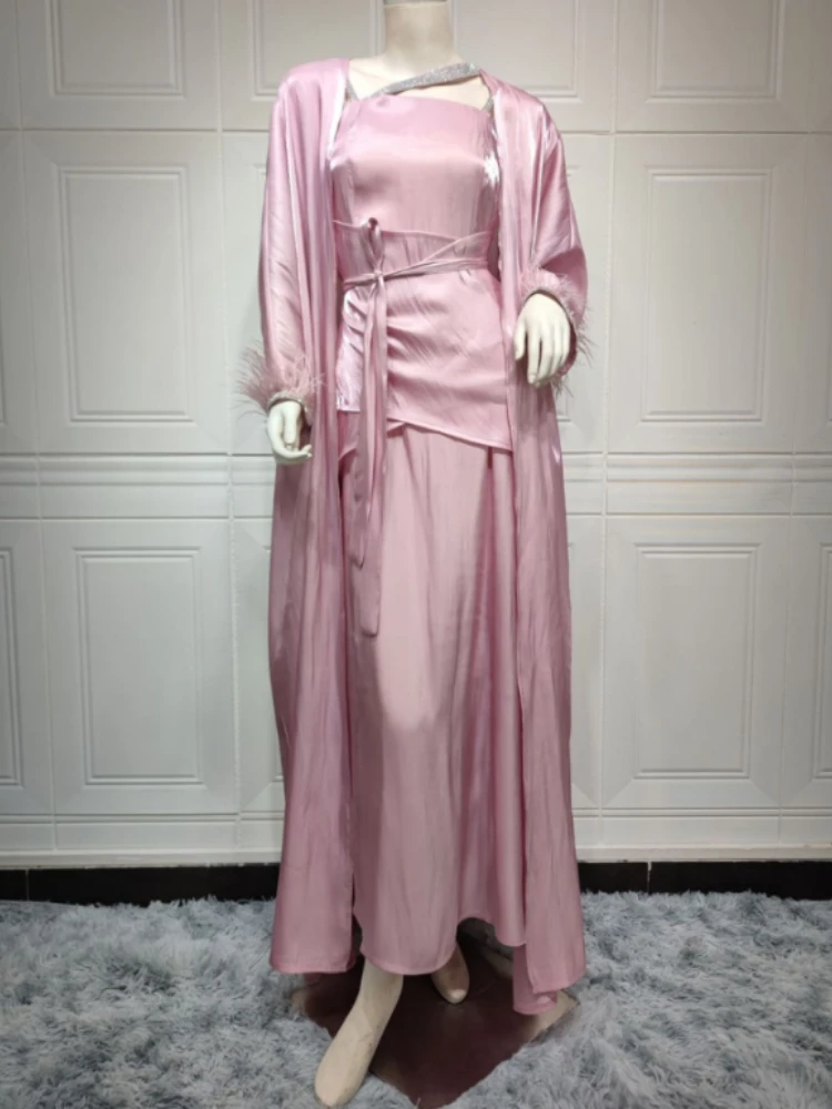 Women Muslim Sets Rhinestone Feather Sleeve Silk Satin Solid Color Open Front Outerwear Abaya Turkish Dress 3pcs Arabic Clothes