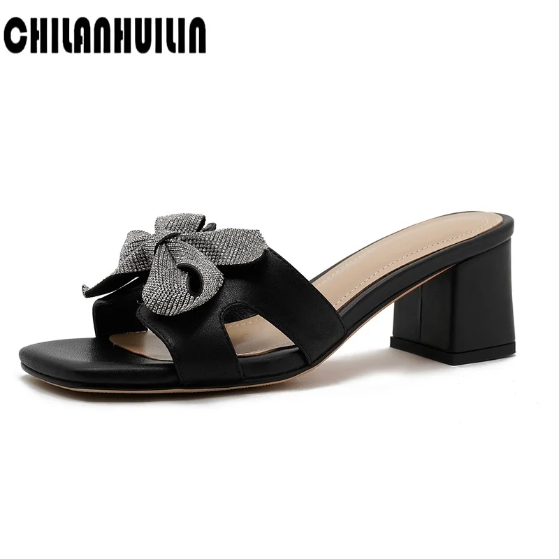 

brand designer shoes women high heels slippers women open toe fashion cut-outs bow home shoes lady casual party dress nude mules