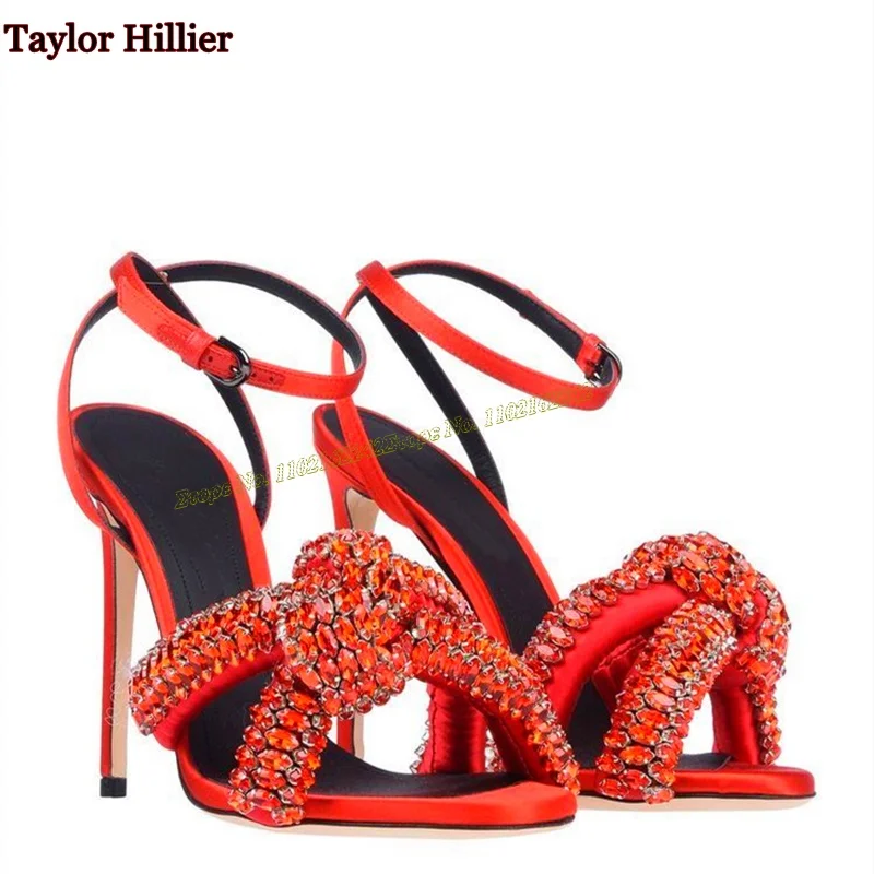 Сандалии женские зеленые со стразами Атласные босоножки с узлом и ремешком на