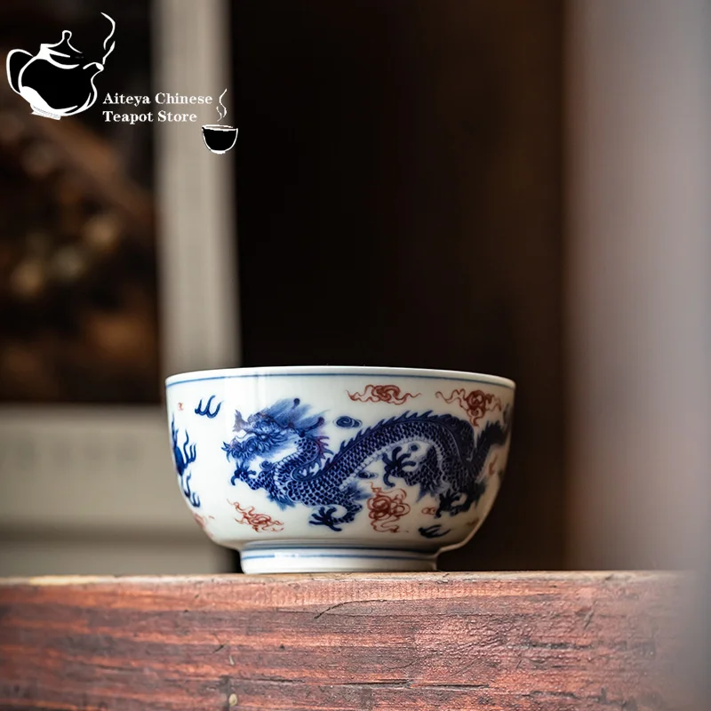 

Blue and White Master Cup Single Cup Personal Special Tea Cup Ceramic Handmade Kung Fu Tea Bowl Large Dragon and Phoenix Tea Cup