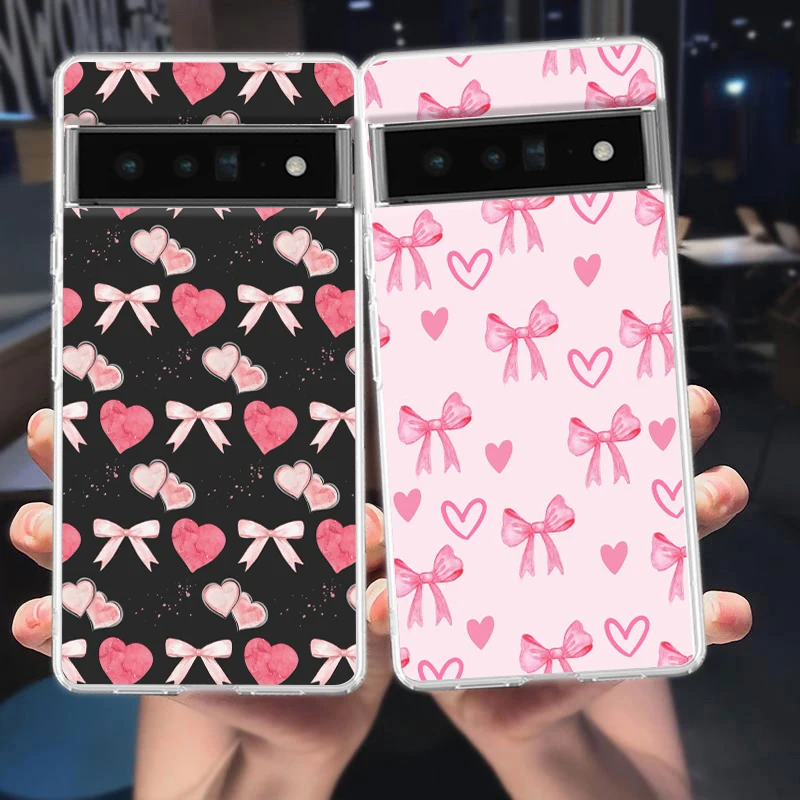 Фото Phone Case For Google Pixel 9 8 7 6 9A 8A 7A 6A 5 4 5A 4A 3A Pro XL Soft Clear TPU Transparent Cover Cute Pink Heart Bow №1