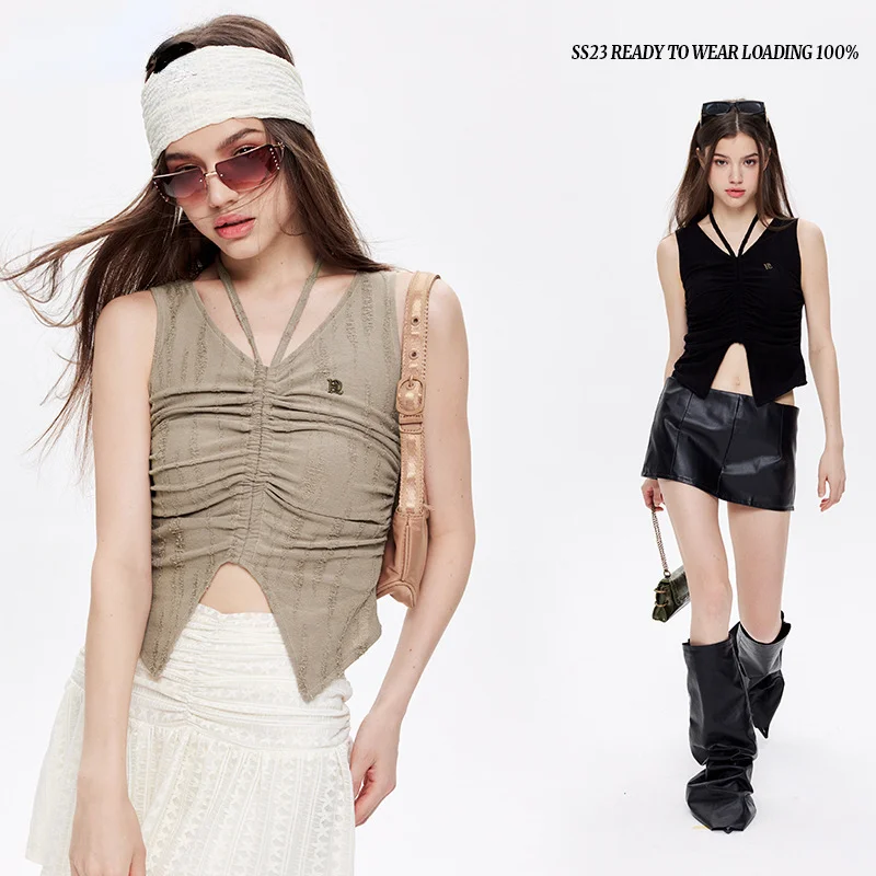 

Pleated Drawcord Small Camisole for Women Sexy Open Navel Slim Girl's Top