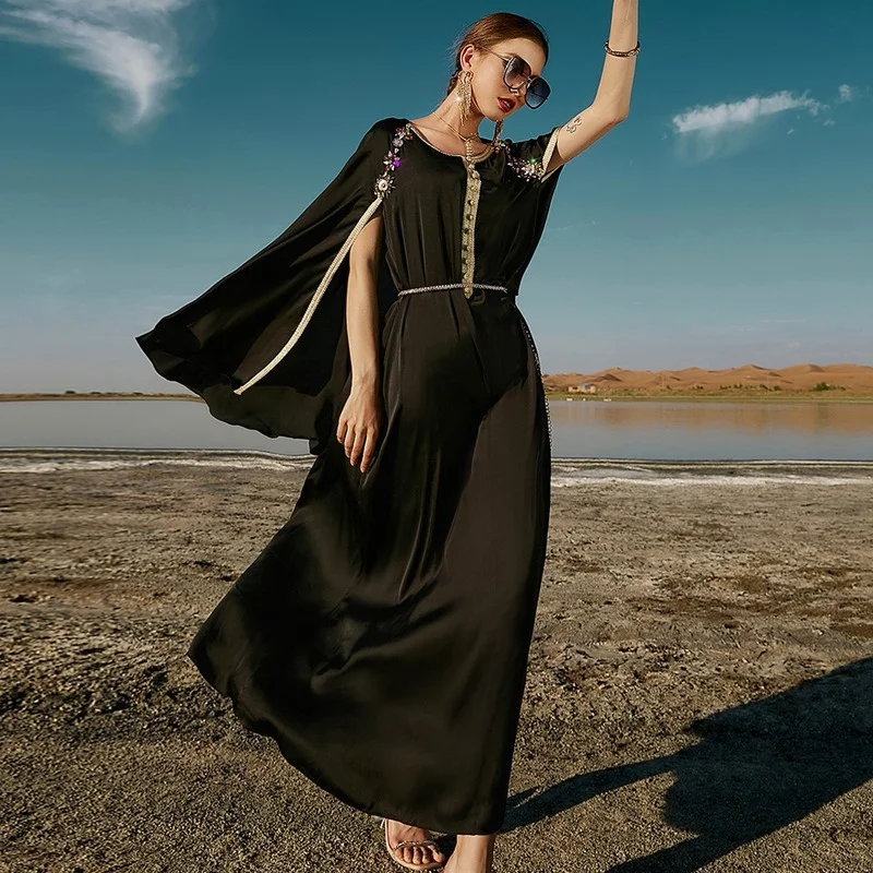Hand-Beaded Fake Two-Piece Maxi Long Dress Black Gold Ribbon Cloak Abaya Beach Tourism Dubai Moroccan Caftan 2022 New