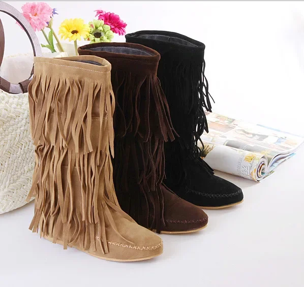 

Women's Tassel Mid-leg Boots fashion Super British style Round Toe Fringe Slip-on Long Boot ladies Flat casual Shoes Size 35~43